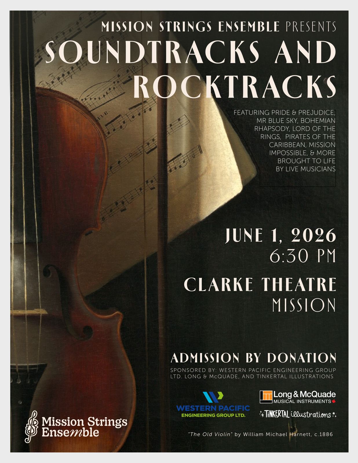 Concert poster for Soundtracks & Rocktracks — Mission Strings Ensemble, June 1, 2026 at Clarke Theatre Mission. Admission by donation.
